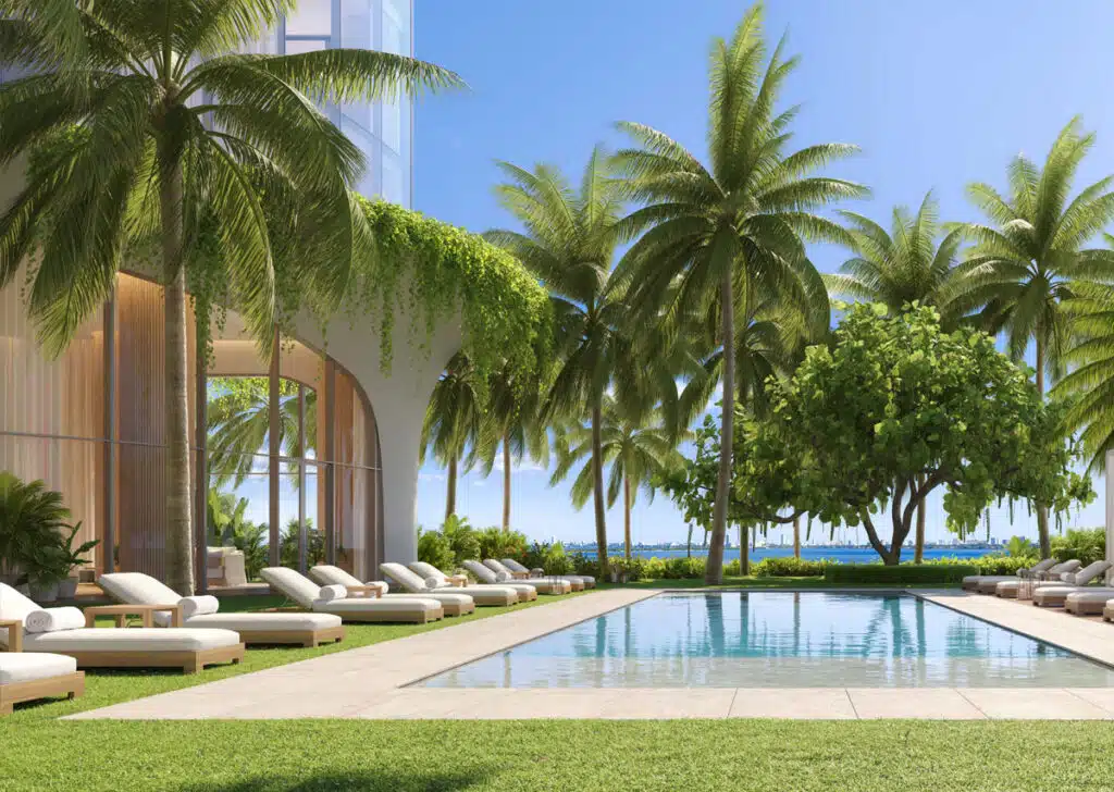 edition-residences-miami-pool-area and coconut trees
